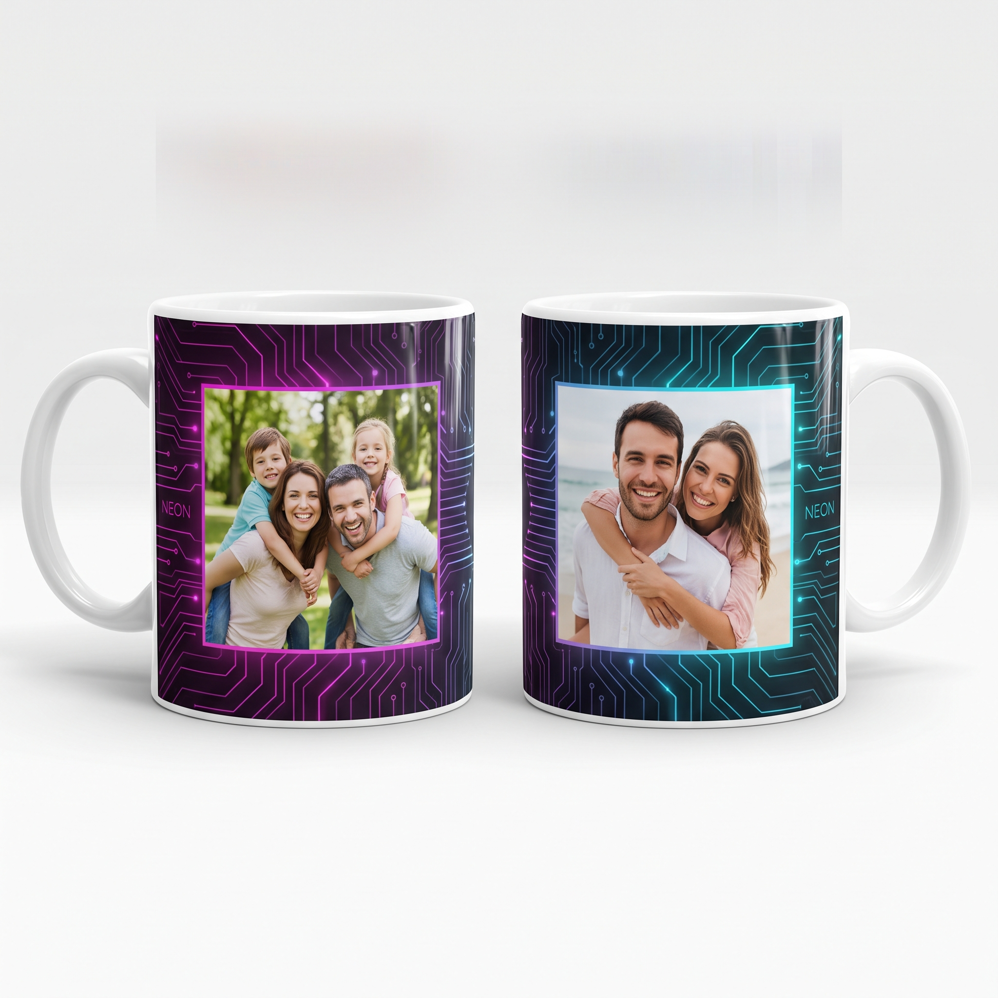 Duo de mugs personnalisés NÉON avec photo et prénoms - mug couple et mug famille